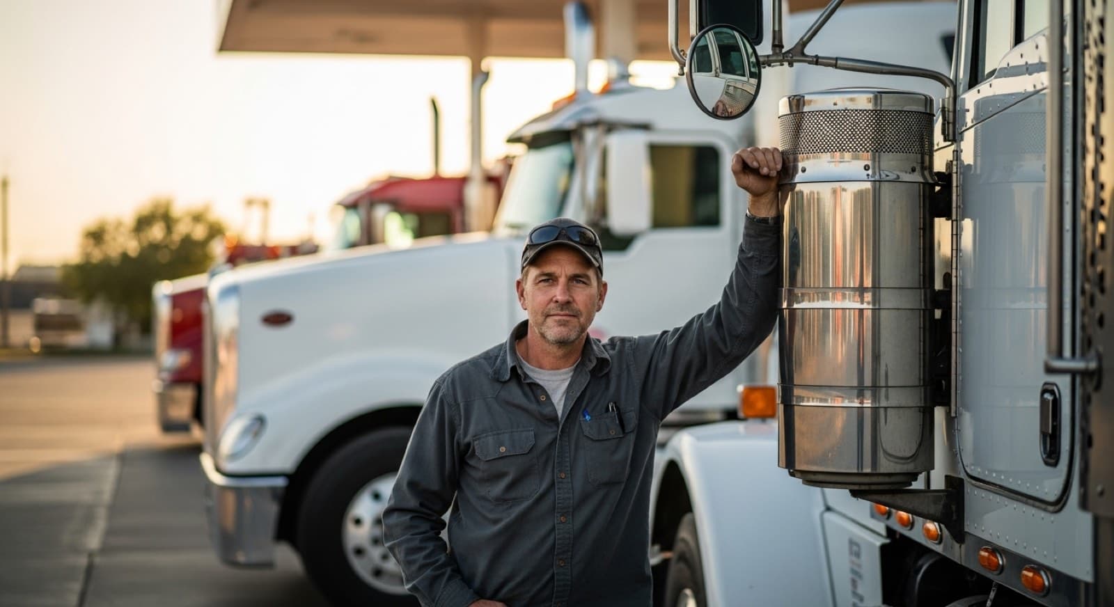 An owner-operator trucker beside the cab of a Class 8 rig at a truck stop during golden hour